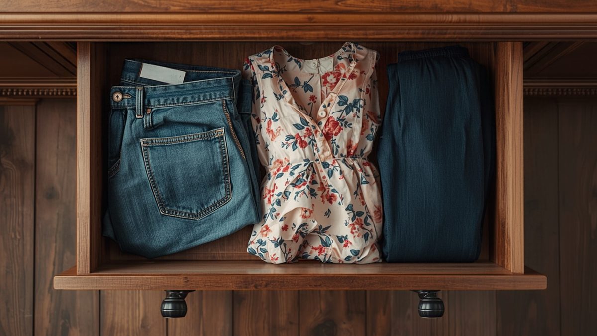 Gaveta aberta com short jeans e vestido florido ainda com etiqueta, ao lado de calças escuras