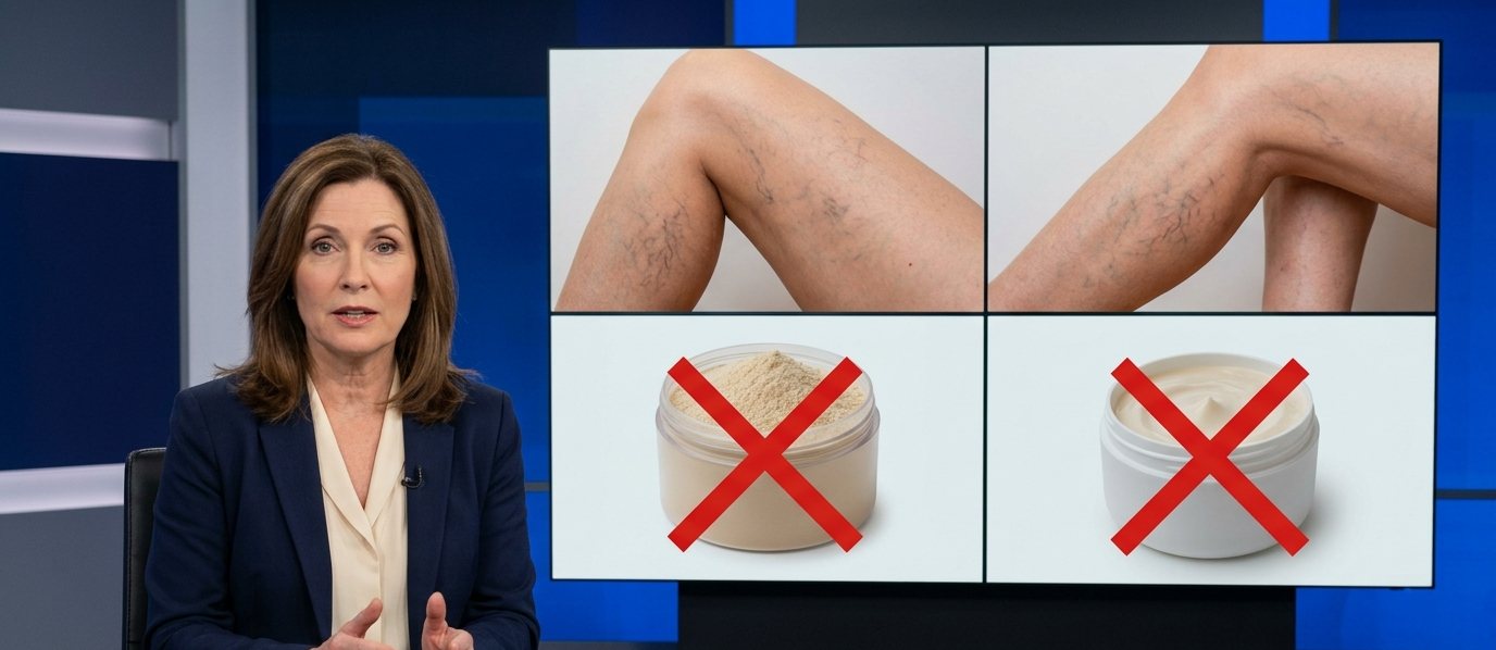 Apresentadora ao lado de um painel com fotos de pernas e potes de creme e de pó riscados com X vermelho