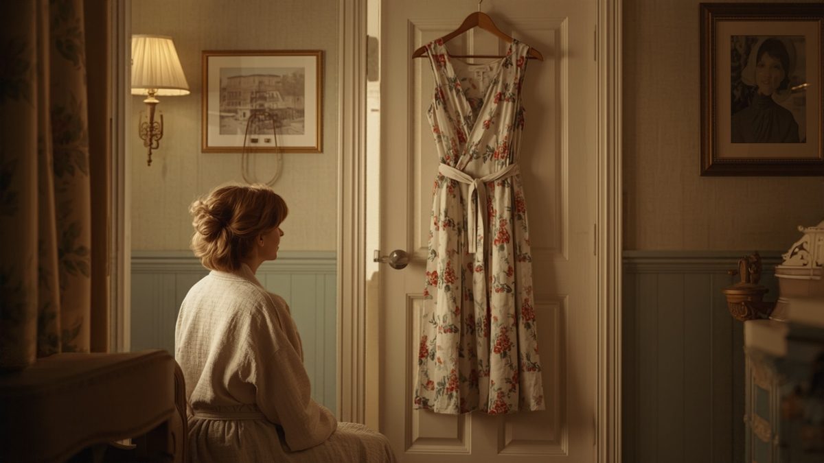 Mulher de roupão sentada olhando para um vestido florido pendurado na porta do quarto
