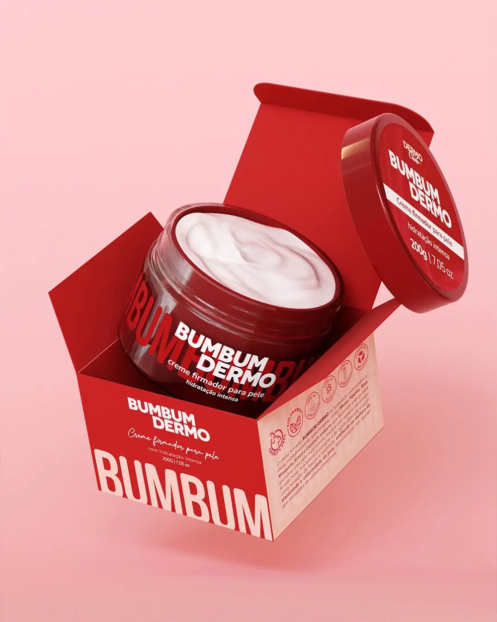 Caixa vermelha do BumBum Dermo aberta com o pote de creme firmador